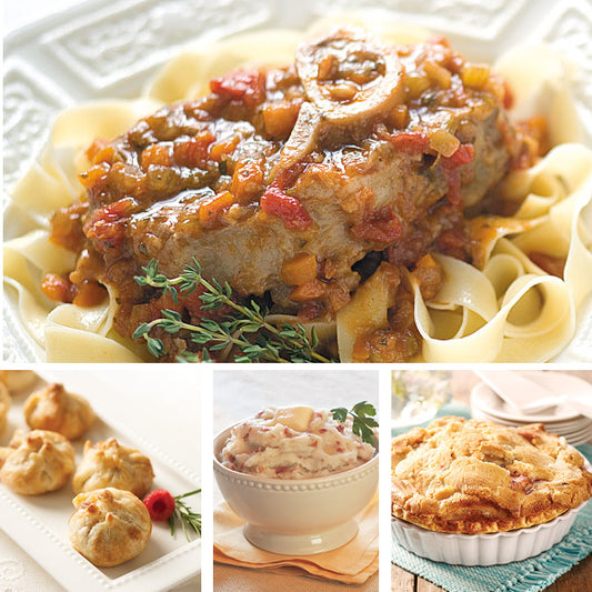 The Italian-American Dinner, featuring Osso Buco, Brie & Raspberry en Croûte, Garlic Mashed Potatoes, and Miniature Apple Pie.