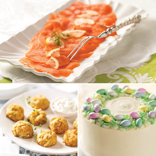 Easter Brunch Essentials, featuring Mackenzie Scottish Smoked Salmon (top), Mini Crab Cakes (bottom left), and Easter Basket cake (bottom right).