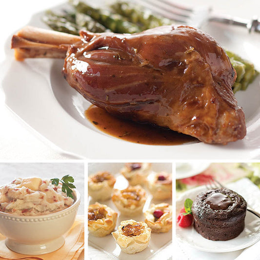 Lamb Shank Dinner, featuring Rosemary Mint Lamb Shanks (top), Garlic Mashed Potatoes, Caramelized Onion & Feta Pastry Blossoms, and Molten Chocolate Cakes (bottom left to right).