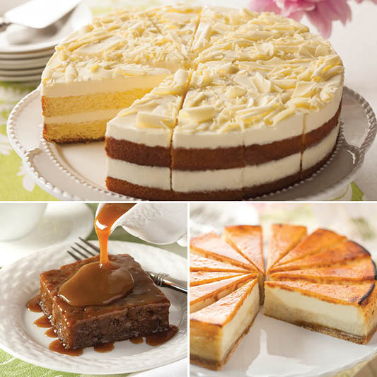 Best Selling Desserts Collection featuring Limoncello Cake, Sticky Toffee Pudding, and Crème Brûlee Cheesecake