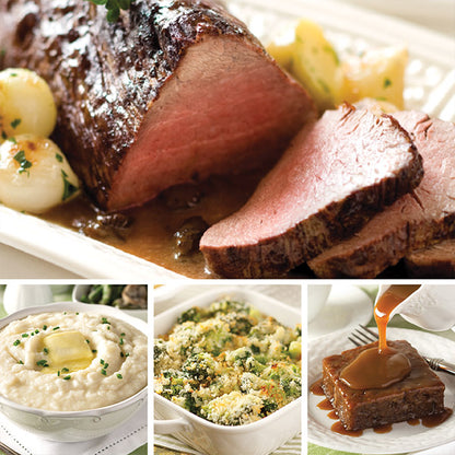 Chateaubriand Complete Dinner featuring cooked Chateaubriand, Crème Fraiche Mashed Potatoes, Broccoli-Parmesan Gratin, and Sticky Toffee Pudding