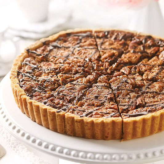 Chocolate Bourbon Pecan Tart, pre-sliced to serve 12