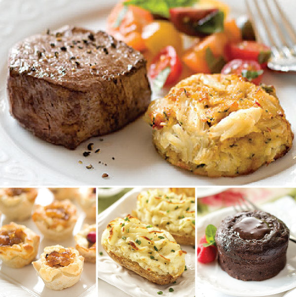 Maryland Style Surf and Turf Dinner, featuring Filet Mignon, Perfect Crab Cakes, Caramelized Onion & Feta Pastry Blossoms, Sour Cream & Chive Twice Baked Potatoes, and Molten Chocolate Cakes.