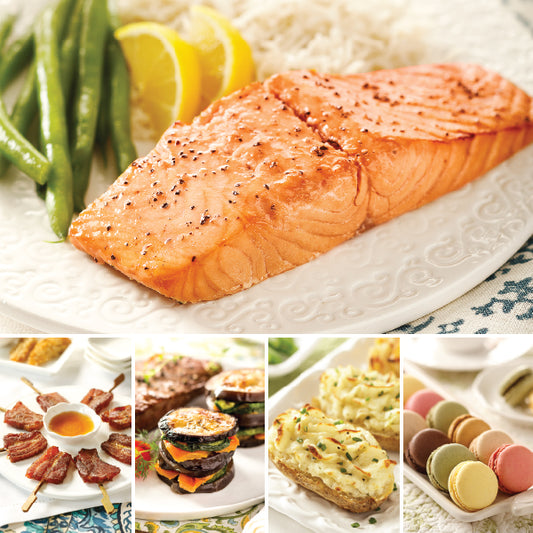 Honey Bourbon Salmon Meal, featuring Honey Bourbon Salmon, Vanilla-Bourbon Bacon "Lollipops", Vegetable Napoleon, Sour Cream & Chive Twice Baked Potatoes, and French Macarons.