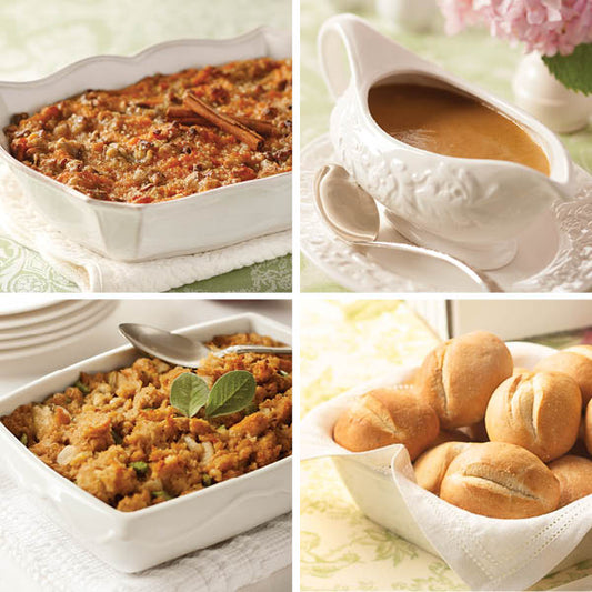 Turkey Dinner Side Dish Sampler, featuring Sweet Potato Casserole, Homestyle Turkey Gravy, Traditional Herb Stuffing, and Gourmet Dinner Rolls (from top left to bottom right).